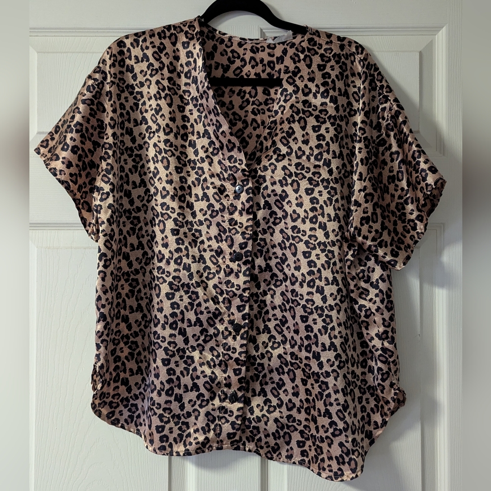 Satin Cheetah Animal Print Blouse Button Up Silky Top Leopard Neutral Classic